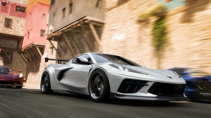 Sports cars speed through the streets of Forza Horizon 5