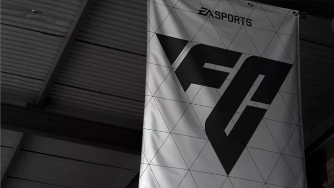 Image of a hanging white flag with the EA Sports FC logo on it