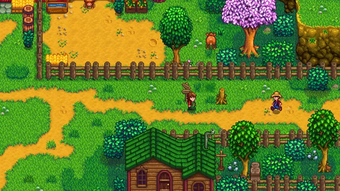 Screenshot of the farm road in Stardew Valley