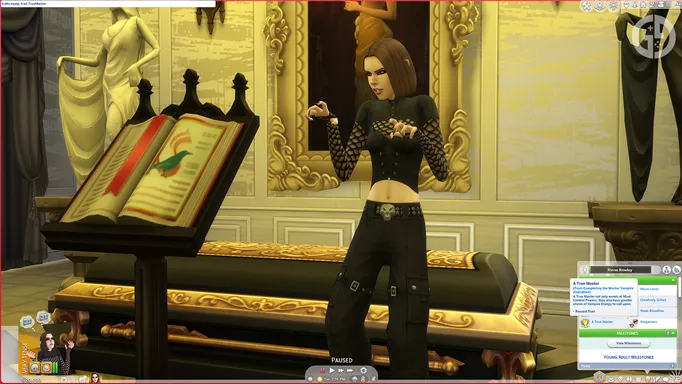Image of a vampire Sim in The Sims 4 with their Simology panel