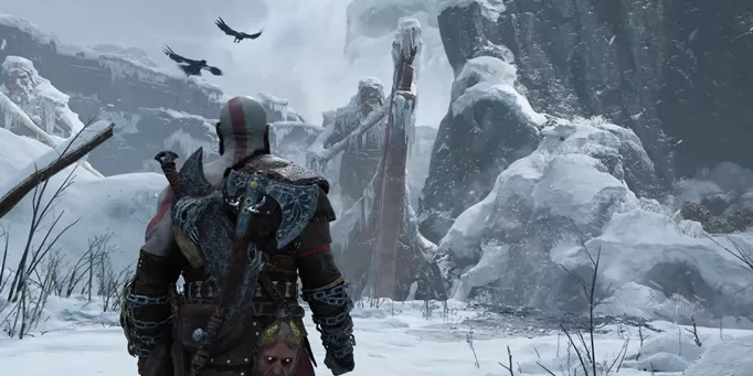 Kratos in the snow in God of War Ragnarok