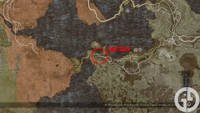 Image showing you where to find Gautstafr in Dragon's Dogma 2 for the Dwarven smithing style