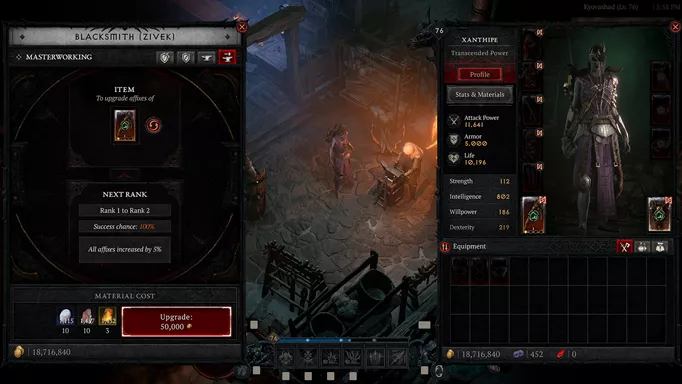Masterworking a weapon at the Blacksmith in Diablo 4