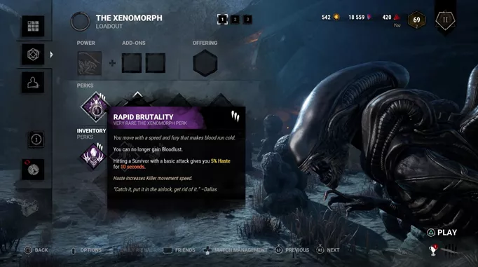 The Xenomorph wit  Rapid Brutality, one of the best Perks to use in Dead by Daylight