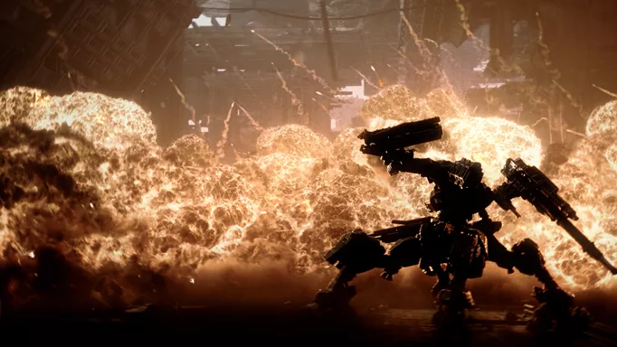 A mech stands amidst explosions in Armored Core 6.