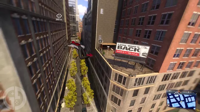 Turning right by the "LOOK WHO'S BACK" J. Jonah Jameson Daily Bugle sign in Marvel's Spider-Man 2