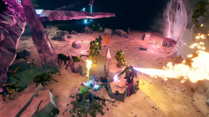 A battle with aliens in Deep Rock Galactic.