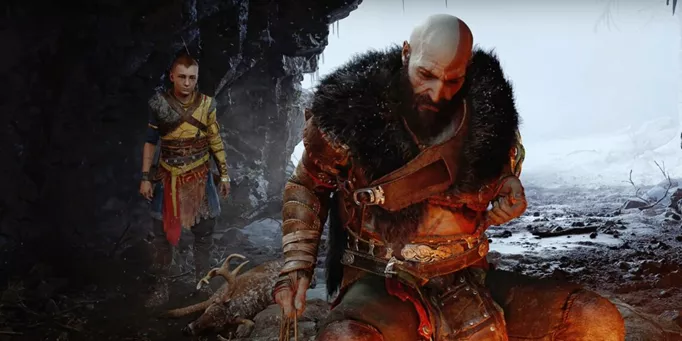 Kratos and Atreus inside a cave in God of War Ragnarok