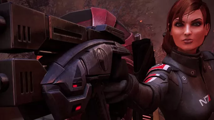 FemShep firing a gun in Mass Effect