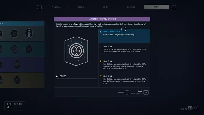 Starfield screenshot showing the Targeting Control Systems skill