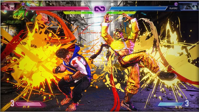 Image shows Luke and Jamie in an explosive fight in Street Fighter 6