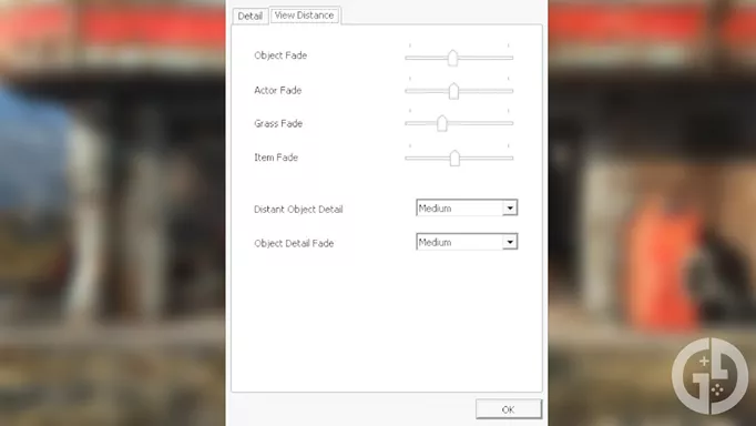 Best Graphics settings for Fallout 4 on Steam Deck, showing the Fade sliders set to half way for each setting.