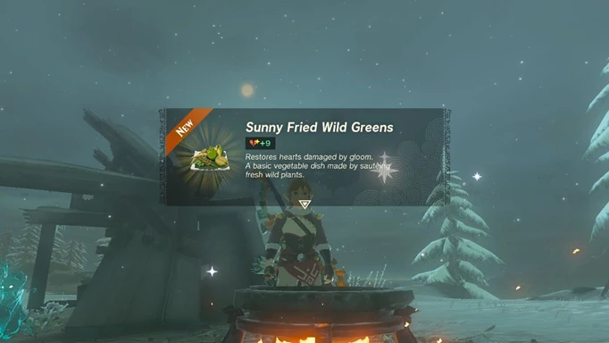 Image shows Link cooking Sunny Fried Wild Greens, one of the best cooking recipes in Zelda: Tears of the Kingdom