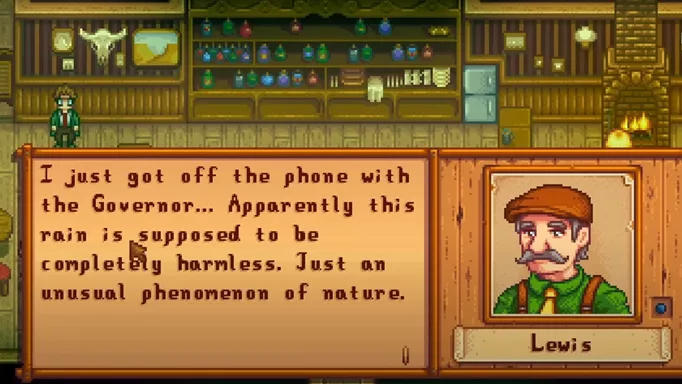 Talking to Lewis about green rain in Stardew Valley