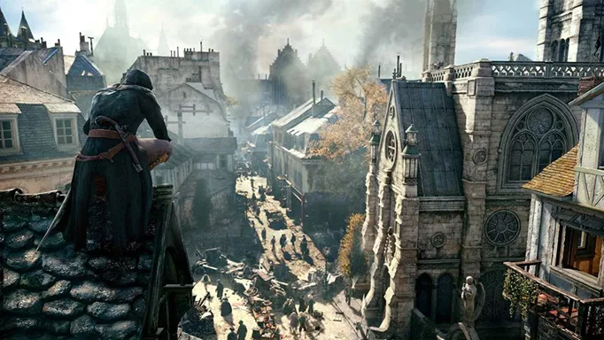 Arno perched across a street in Paris in Assassin's Creed Unity