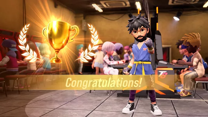 a mii-like avatar standing behind a banner that says congratulations with a gold trophy popping up