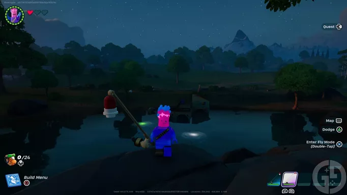 A fishing spot in LEGO Fortnite, with Jelly holding a fishing rod