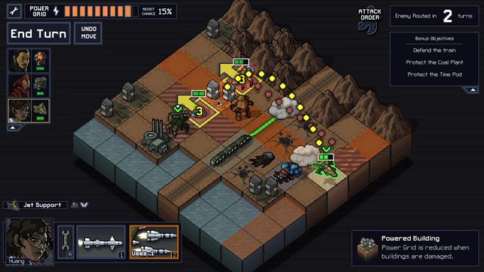 A battle sequence in Into the Beach. It shows the mech fighting enemies from a top-down perspective