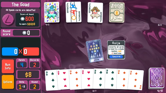 Balatro screenshot showing a hand of all threes