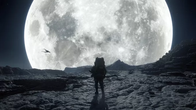 Image of Sam standing in view of the moon in Death Stranding 2