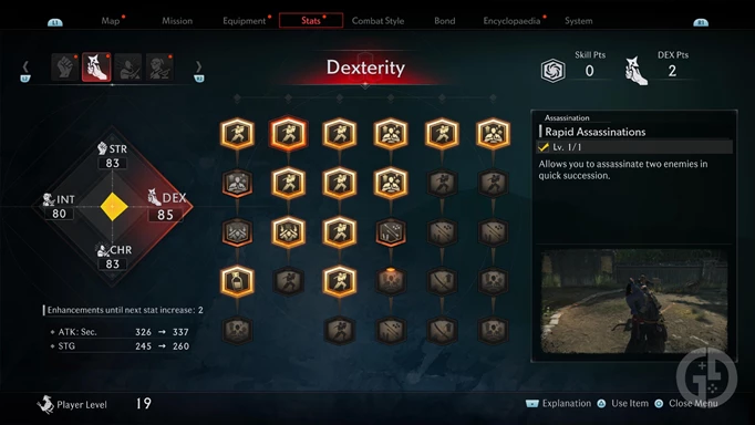 The Dexterity tree in Rise of the Ronin showing some of the best skills