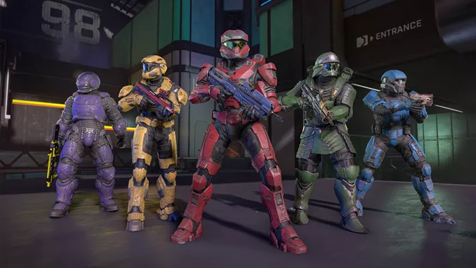 A multi-coloured squad of Spartans in Halo Infinite
