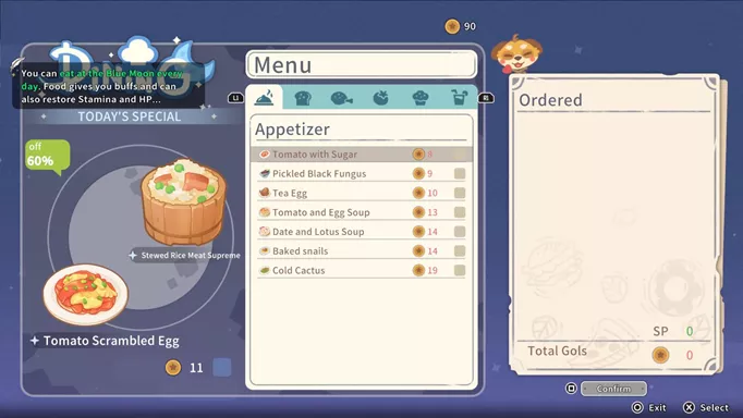 Screenshot showing the menu in The Blue Moon from My Time at Sandrock