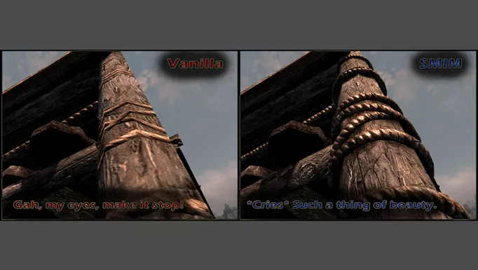 an image of the Static Mesh Improvement Mod textures compared to vanilla Skyrim