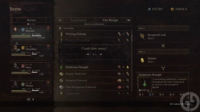 Combining items to create a Salubrious Draught in Dragon's Dogma 2