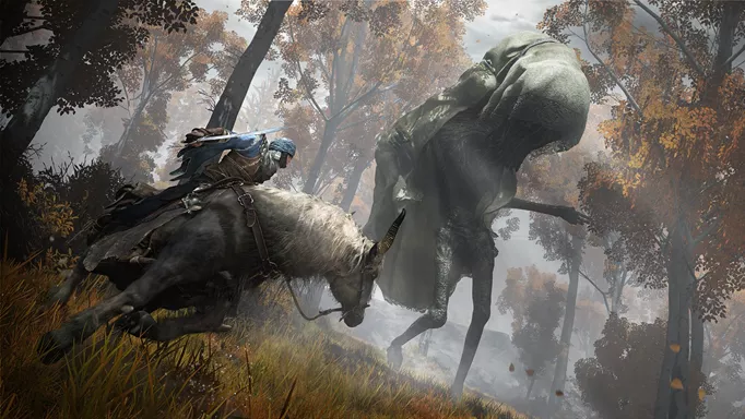 Elden Ring character riding a horse around an enemy