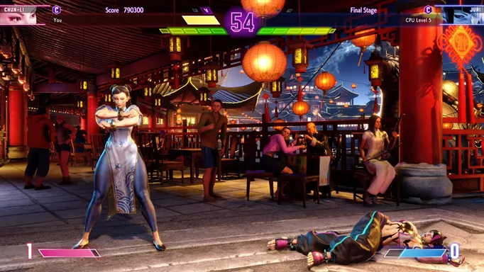 Chun-Li posing after defeating Juri in Street Fighter 6