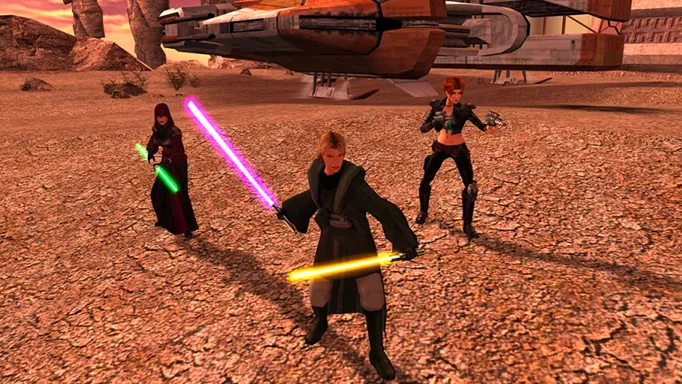 A moment of gameplay featuring two Jedi and a rebel in Knights of the Old Republic 2.