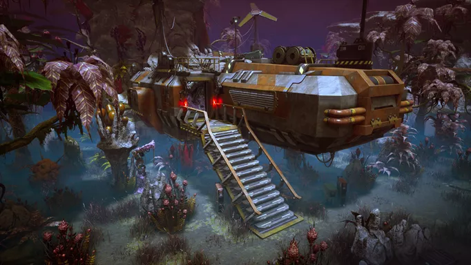 The Toba Landing, a spacecraft situated on an alien planet and the Realm of The Singularity in Dead by Daylight. There is an assortment of alien foliage surrounding the dilapidated spacecraft