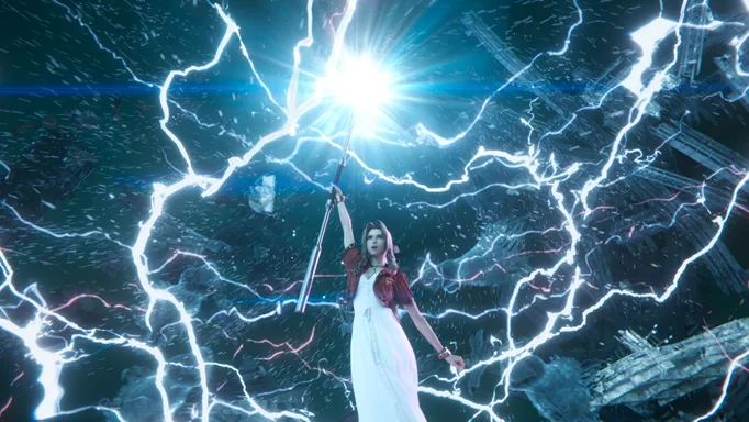 Aerith surrounded by lightning in Final Fantasy 7 Rebirth