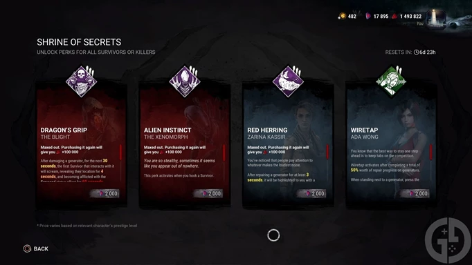 The Shrine of Secrets in DbD this week, featuring the Perks: Dragon's Grip, Alien Instinct, Red Herring and Wiretap