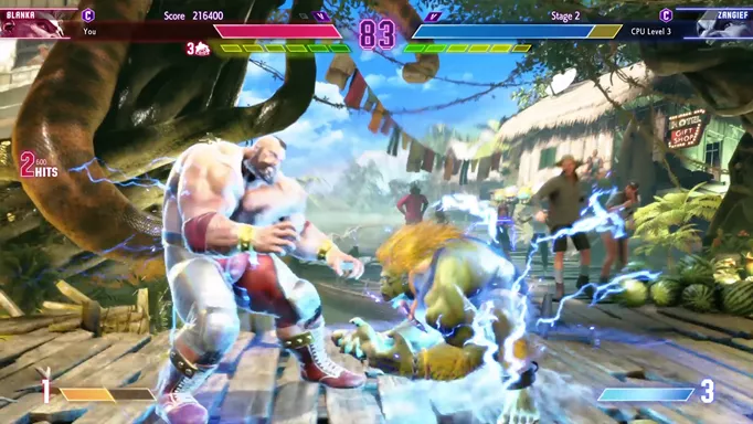 Blanka using Lightning Beast on Zangief in Street Fighter 6