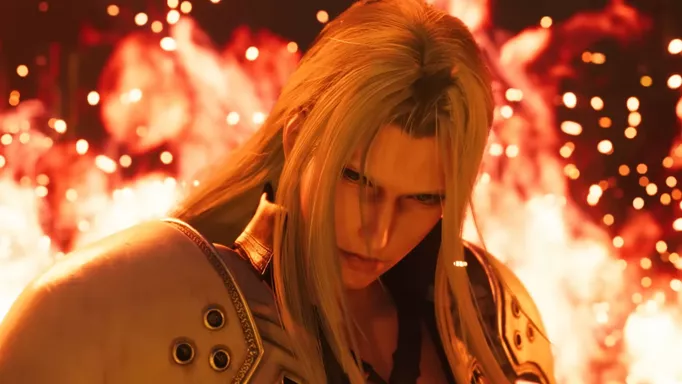 Sephiroth stands in flames in Final Fantasy 7 Rebirth.