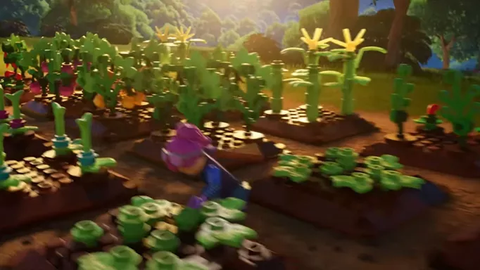 Screenshot of a character planting seeds in LEGO Fortnite
