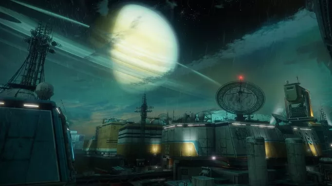 A landscape shot of Titan with Saturn in the background, the setting for most of Destiny 2 Season of the Deep