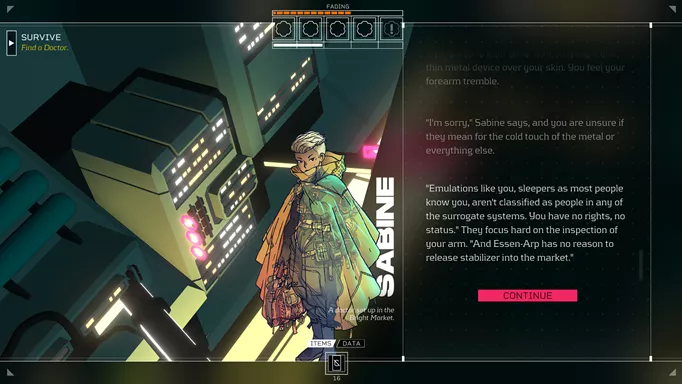 Image of a conversation with Sabine in Citizen Sleeper
