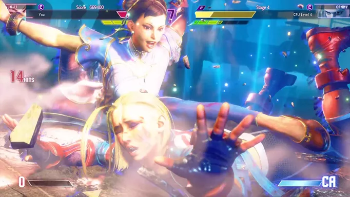 Chun-Li hitting Cammy with her Critical Art in Street Fighter 6