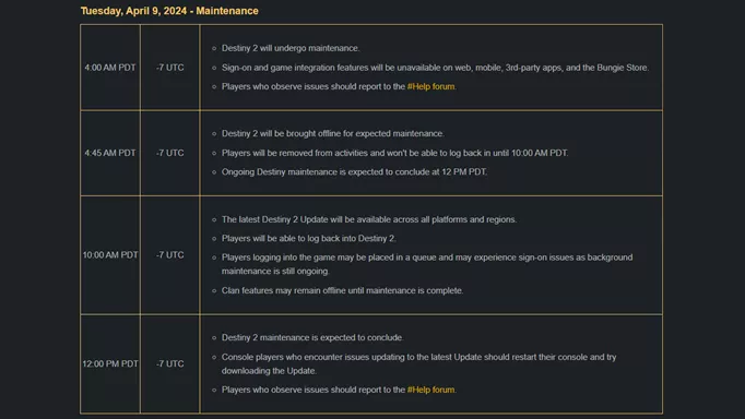 The maintenance schedule for Destiny 2 on April 9, 2024