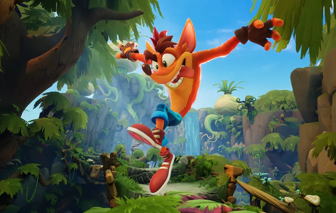 Crash Bandicoot hops into the air in Crash Bandicoot 4: It's About Time.