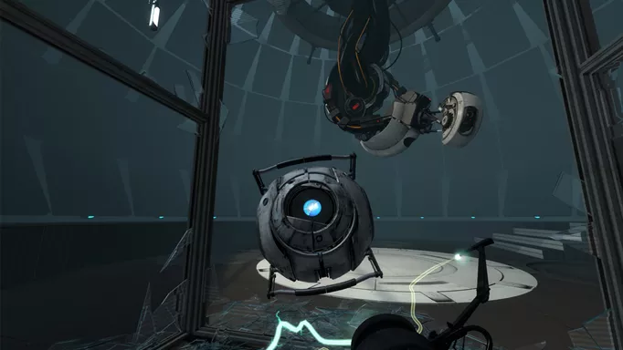 Wheatly being carried toward Glados in Portal 2