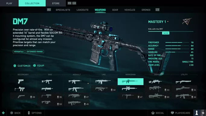 A marksman rifle on a weapons menu.