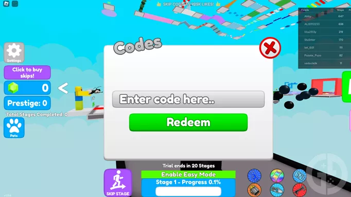 The menu to redeem Mega Easy Obby codes