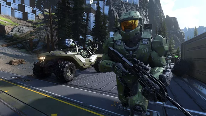 Master Chief running alongside a Warthog in Halo Infinite