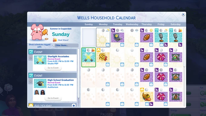 The Sims 4 calendar