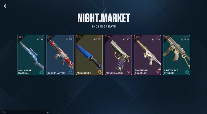a collection of weapons in the VALORANT Night Market from one of the previous dates in 2023