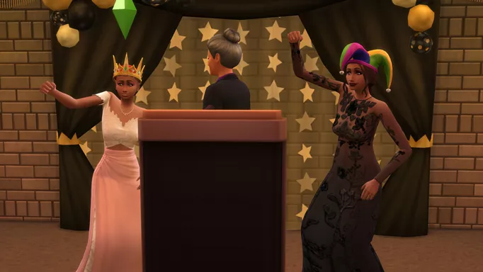 Sims wearing a jester hat and a crown during prom in The Sims 4